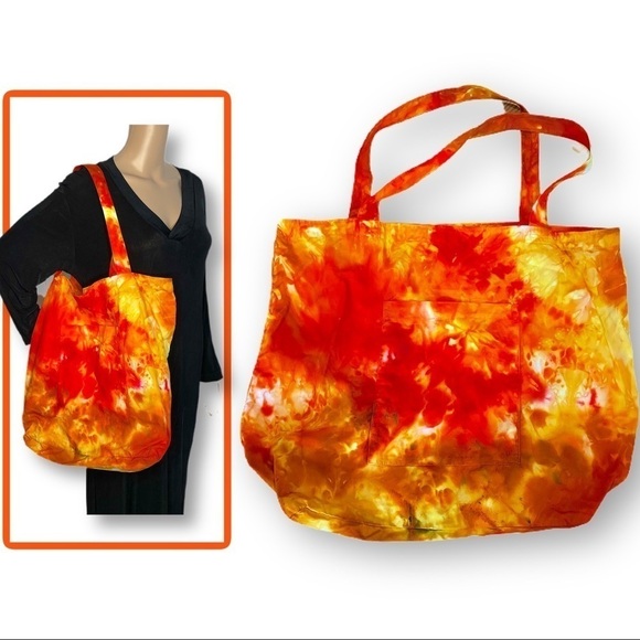 Hand Crafted Handbags - Tie dye XL tote environmental reusable bag orange gold fire lava galaxy
